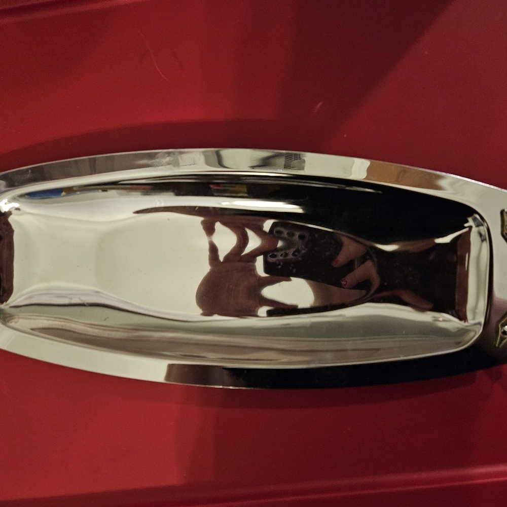 MCM Art Deco Kromex Chrome Serving / Bread Tray With Brass Handles